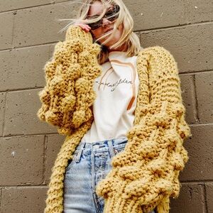 Yellow Chunky Knit Cardigan with Pom-Pom Sleeves